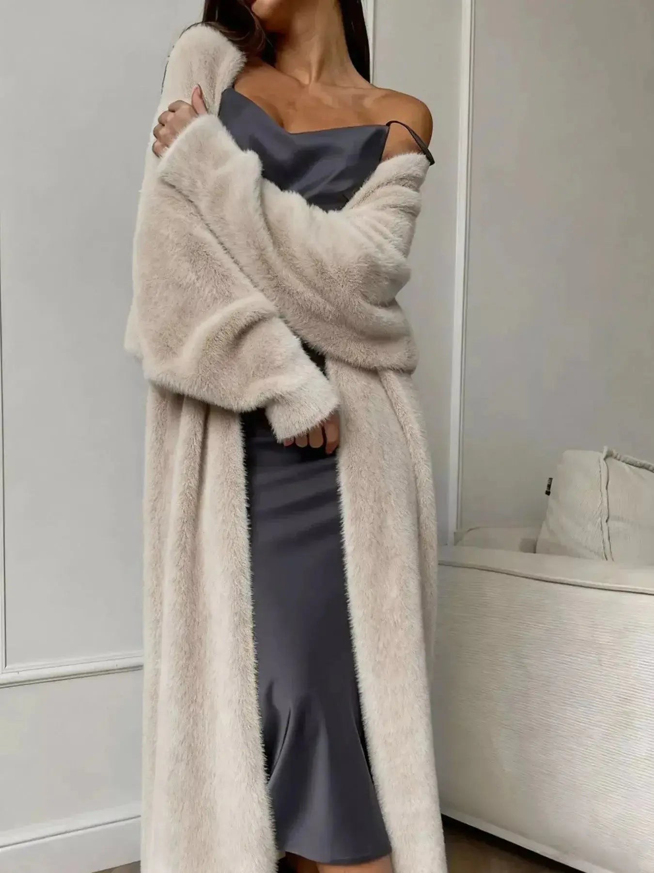 Women’s fuzzy open front longline cardigan by Plush Fashion Hub, soft cozy knit sweater with a relaxed fit and open front design.