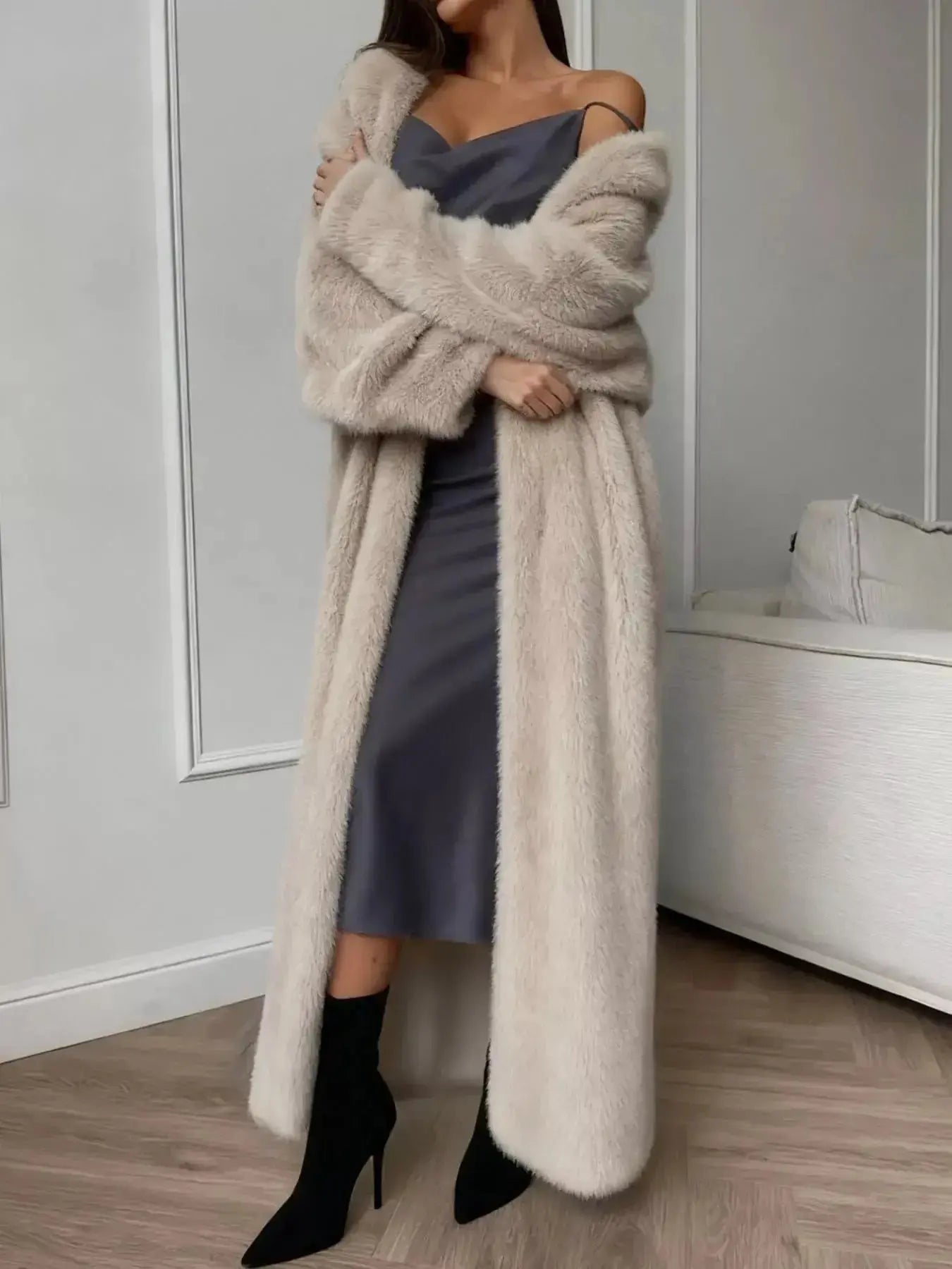 Women's fuzzy open front longline cardigan by Plush Fashion Hub, soft cozy knit sweater with a relaxed fit and open front design.