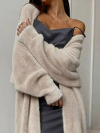 Women's fuzzy open front longline cardigan by Plush Fashion Hub, showing soft cozy knit fabric and relaxed fit.
