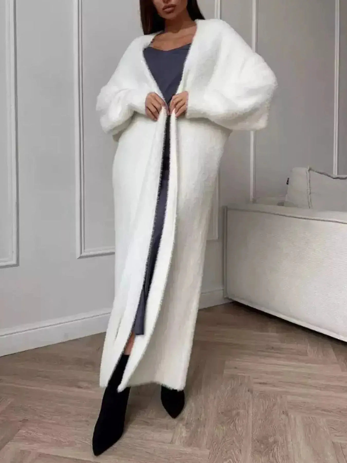 Women's soft fuzzy open front longline knit cardigan by Plush Fashion Hub, cozy and stylish for casual wear.