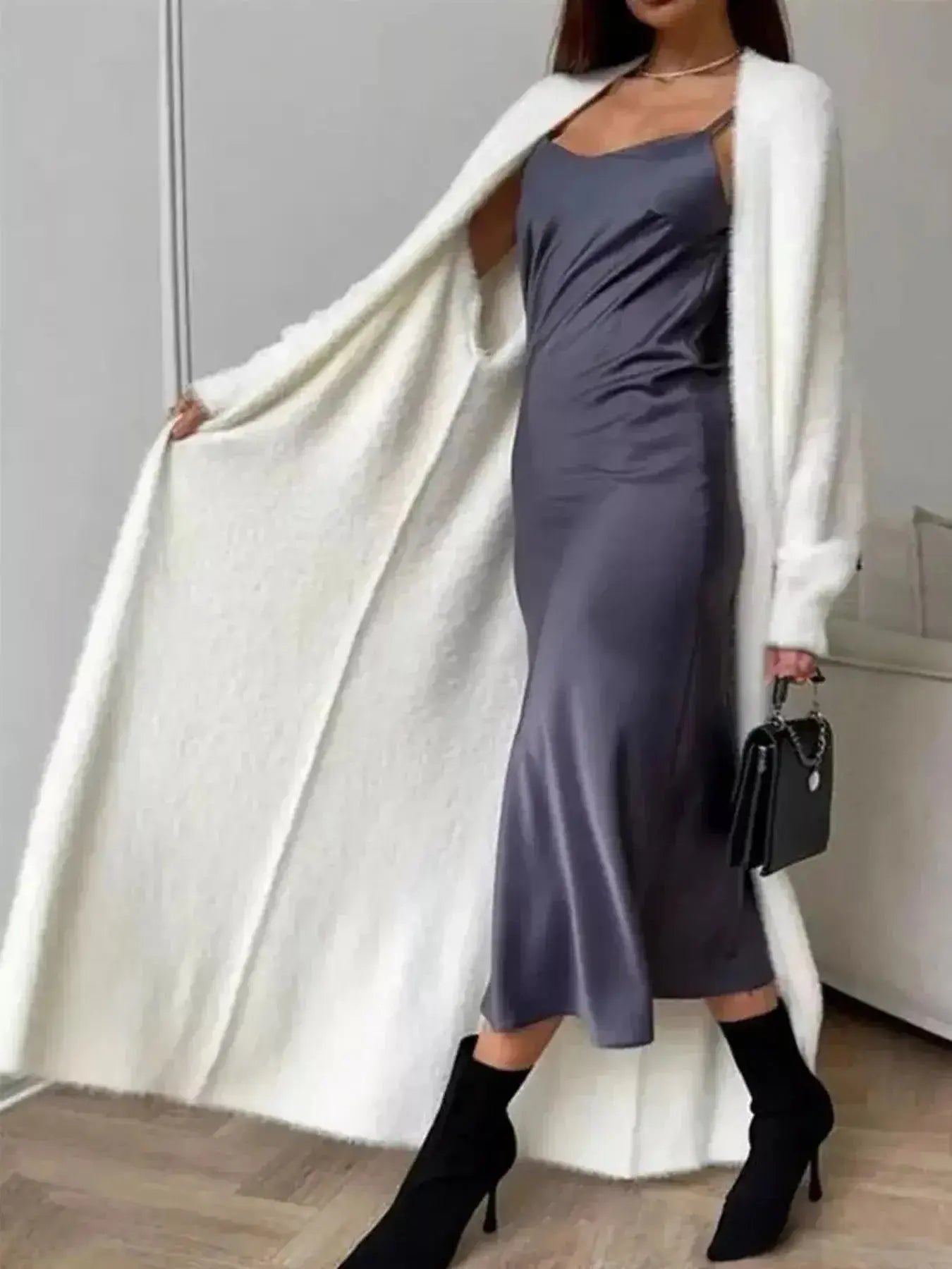 Women’s fuzzy open-front longline cardigan by Plush Fashion Hub, soft cozy knit sweater with a relaxed fit and open front design.