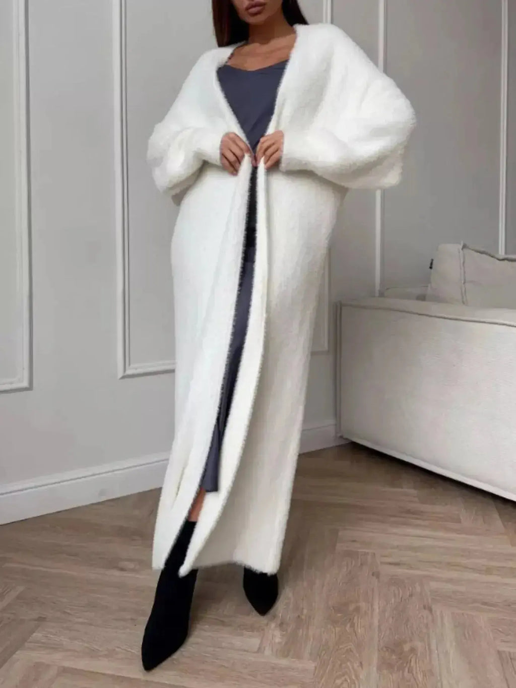 Women's fuzzy open-front longline cardigan from Plush Fashion Hub, soft cozy knit sweater with a relaxed, draped fit.