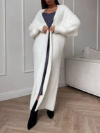 Women's fuzzy open-front longline cardigan from Plush Fashion Hub, soft cozy knit sweater with a relaxed, draped fit.