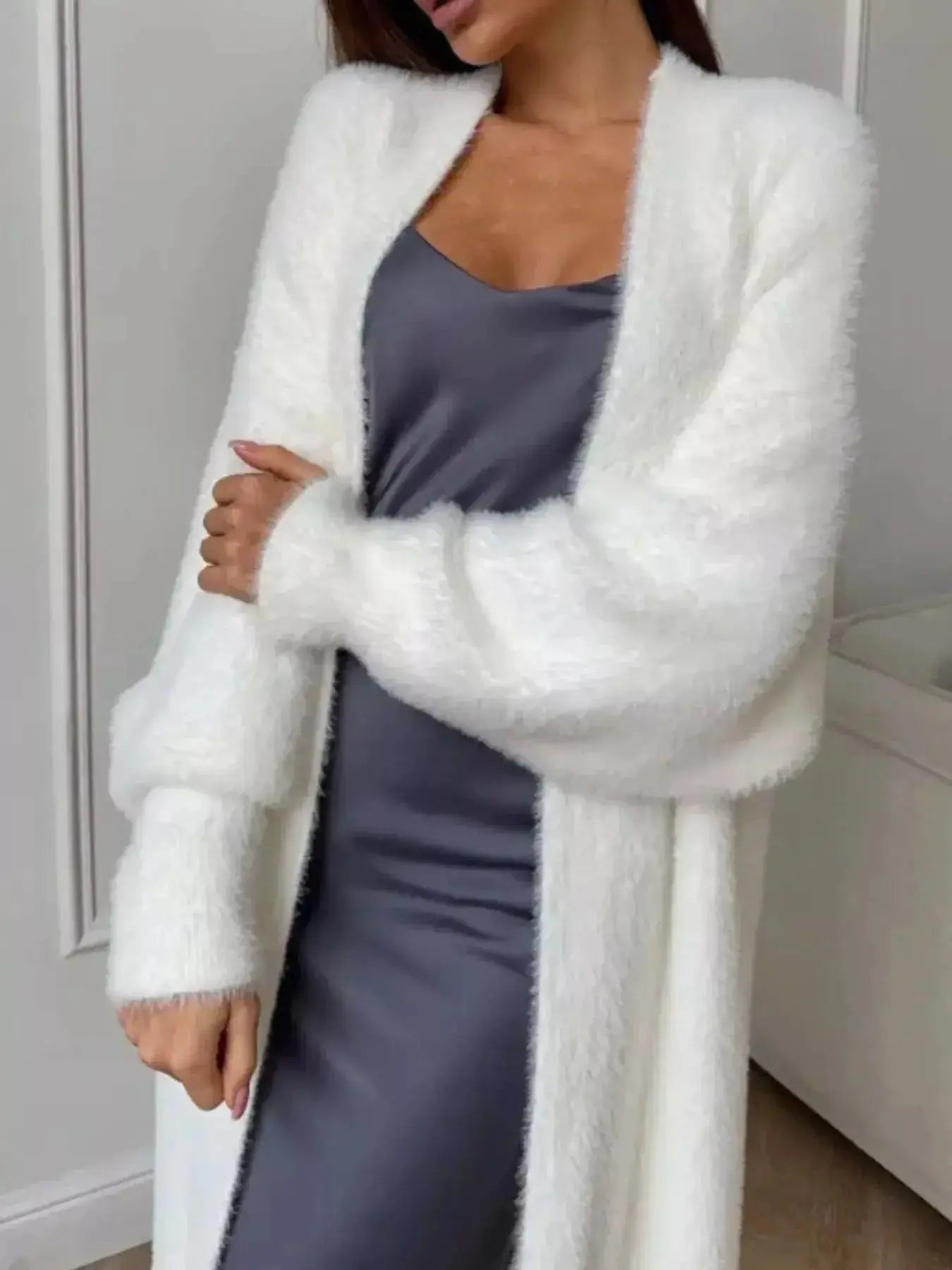 Women’s fuzzy open-front longline cardigan by Plush Fashion Hub, soft cozy knit sweater, relaxed fit, ideal for casual wear.