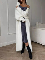 Women's fuzzy open front longline cardigan from Plush Fashion Hub, soft cozy knit sweater with a relaxed fit and front pockets.
