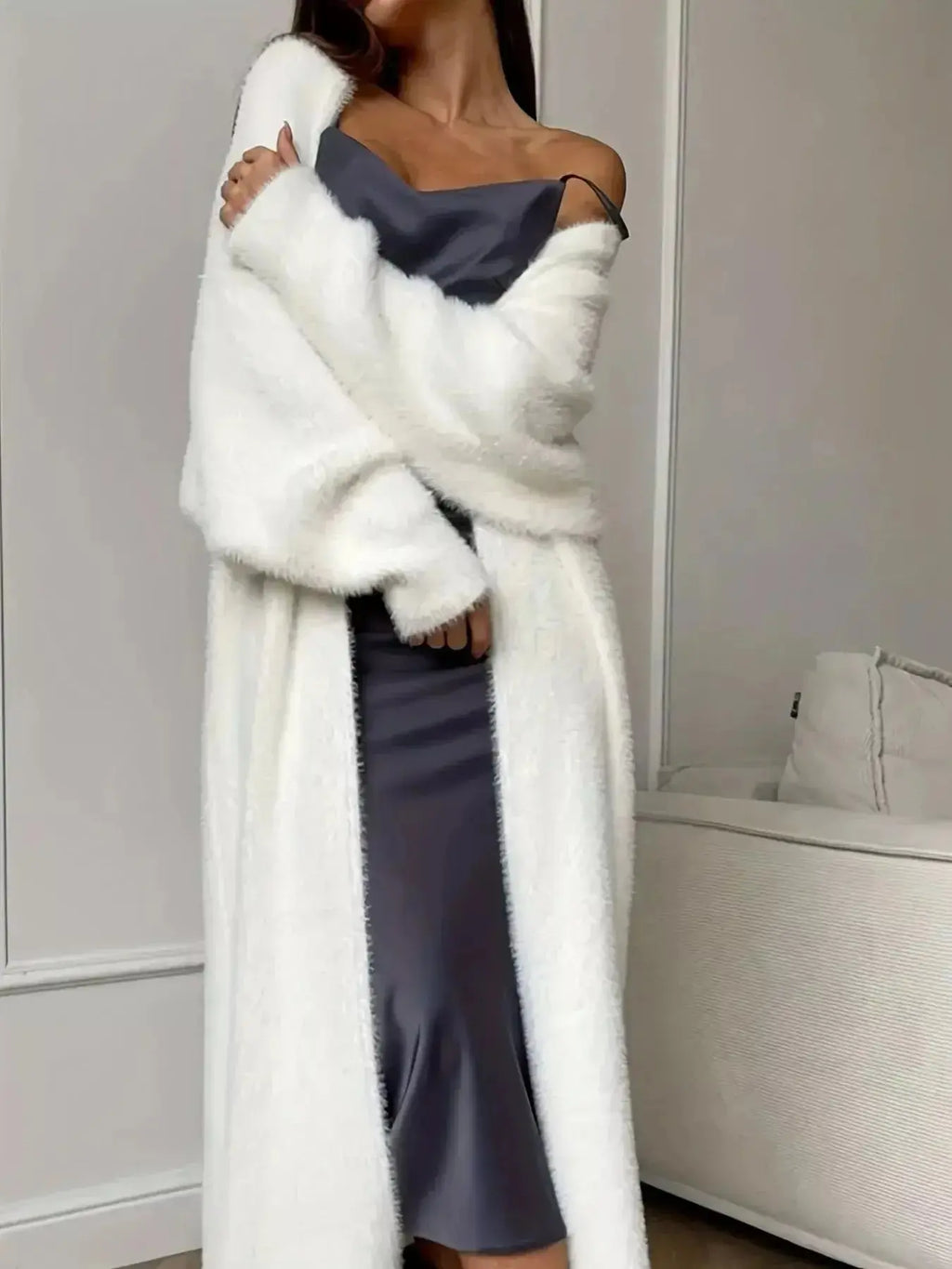 Women's fuzzy open-front longline cardigan by Plush Fashion Hub, soft cozy knit sweater with a relaxed fit and plush texture.