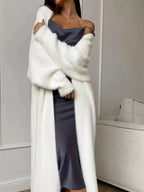 Women's fuzzy open-front longline cardigan by Plush Fashion Hub, soft cozy knit sweater with a relaxed fit and plush texture.