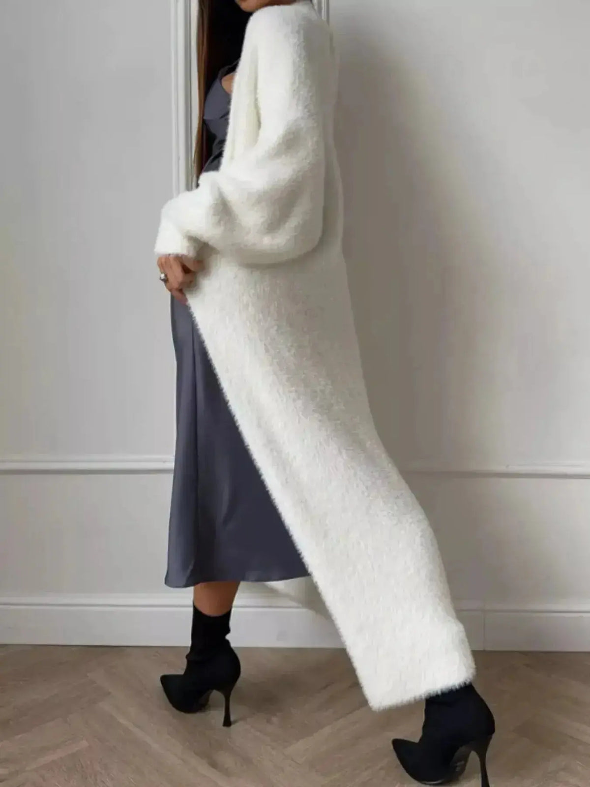 Women's fuzzy open-front longline cardigan sweater from Plush Fashion Hub, cozy and soft with a relaxed fit and plush texture.