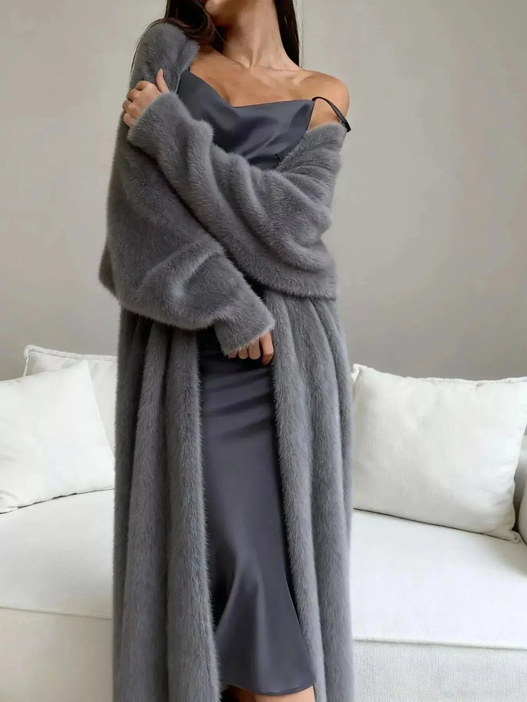 Women's fuzzy open-front longline cardigan by Plush Fashion Hub, soft cozy knit sweater with a relaxed fit and open front design.