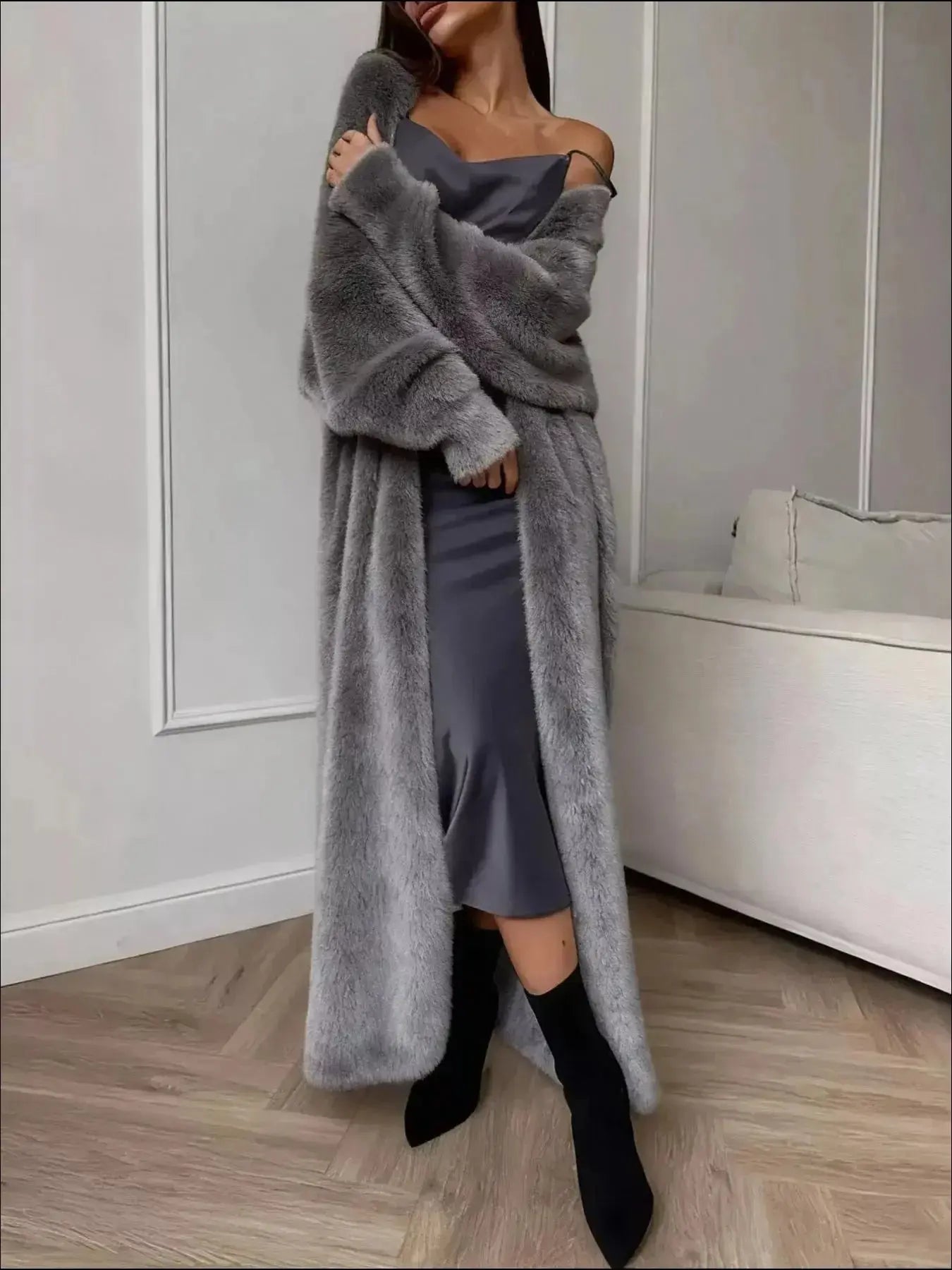 Women's fuzzy open front longline cardigan by Plush Fashion Hub, cozy soft knit sweater with a relaxed fit and open front design.