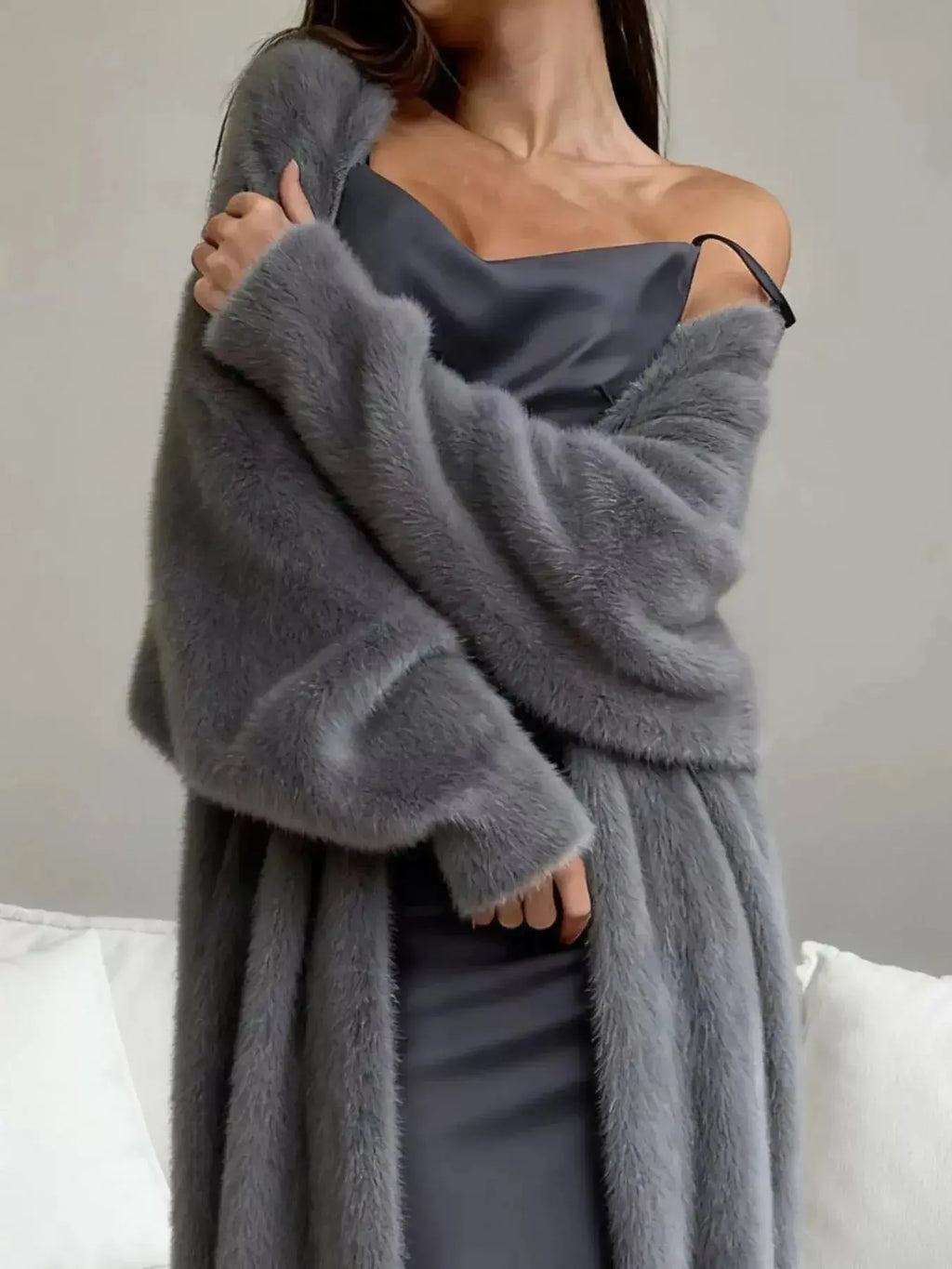 Women's fuzzy open-front longline cardigan by Plush Fashion Hub featuring a soft cozy knit fabric.