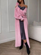 Women’s fuzzy open front longline cardigan by Plush Fashion Hub, featuring soft cozy knit and relaxed fit.