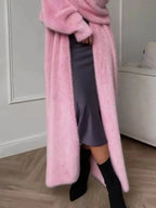 Women's fuzzy open-front longline cardigan by Plush Fashion Hub, featuring a soft cozy knit fabric and relaxed fit.