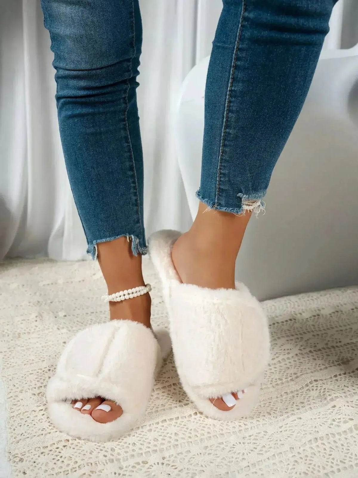 Plush Fashion Hub fuzzy open toe indoor slippers with rubber sole, soft plush material, perfect for cozy indoor wear.