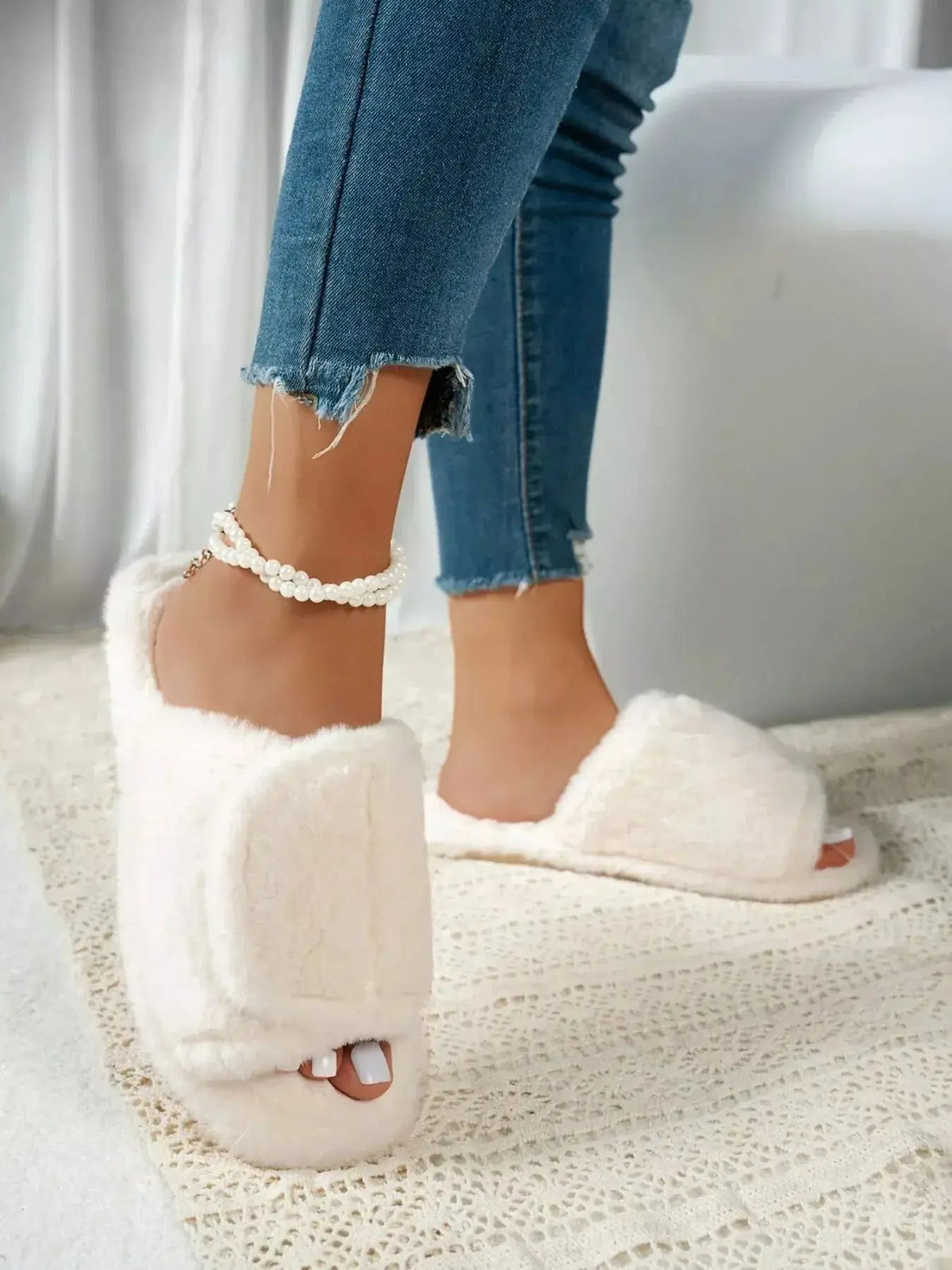 Plush Fashion Hub fuzzy open toe indoor slippers with rubber sole, soft plush material for cozy comfort.