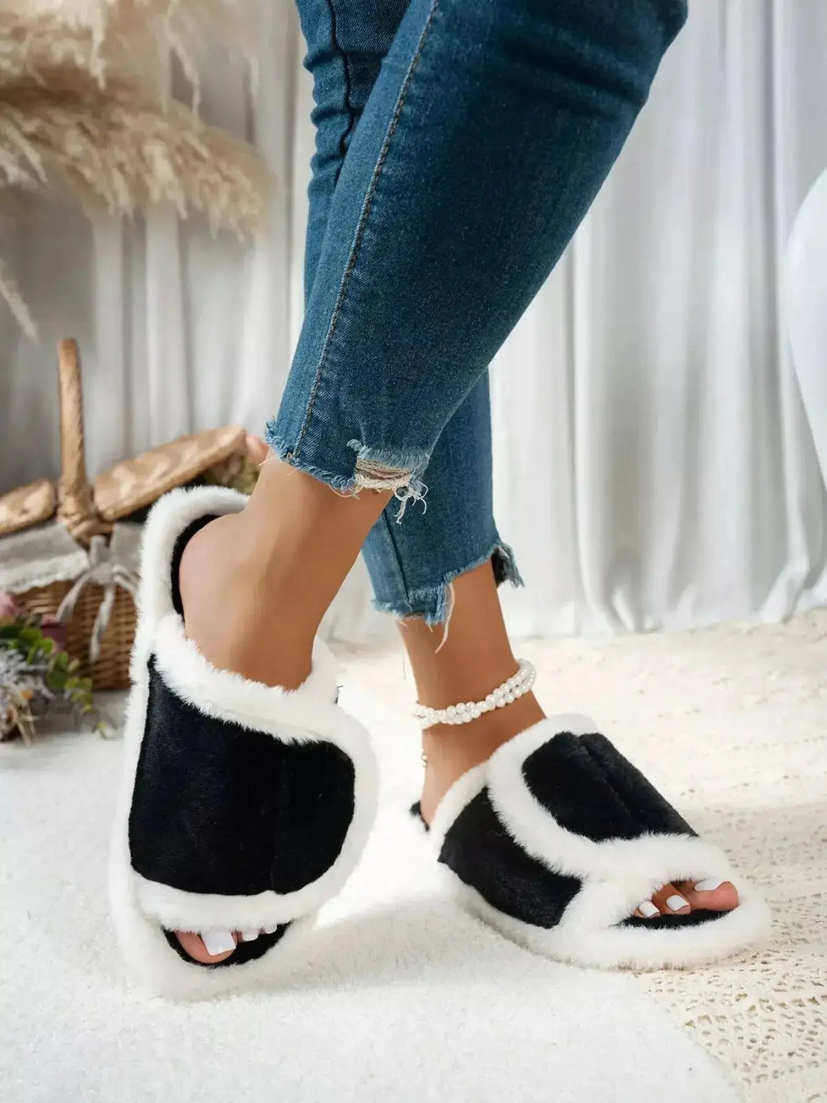 Soft fuzzy open toe indoor slippers by Plush Fashion Hub with a rubber sole, ideal for cozy home comfort.