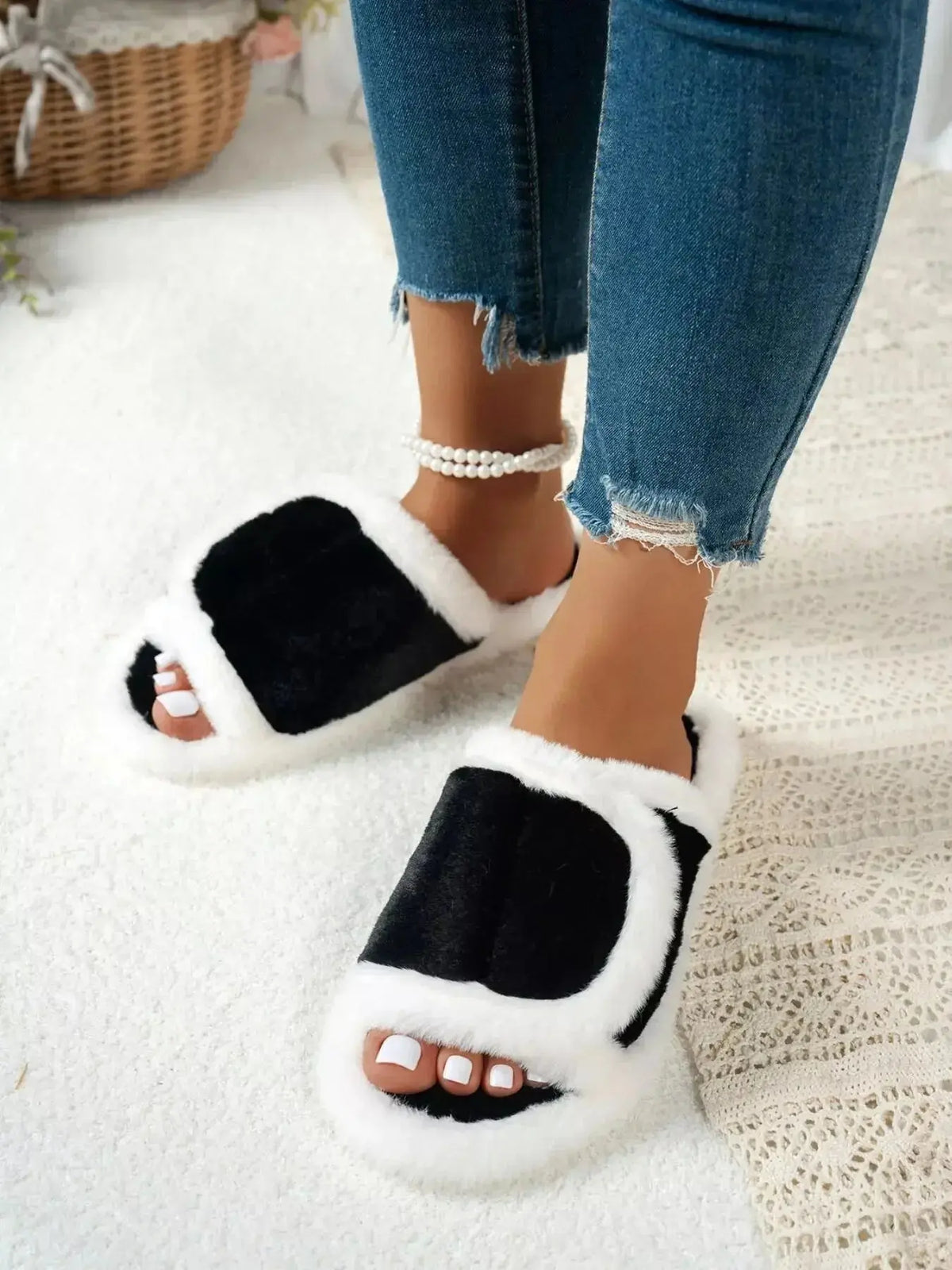 Plush Fashion Hub fuzzy open toe indoor slippers with rubber soles, soft plush material, perfect for cozy indoor wear.