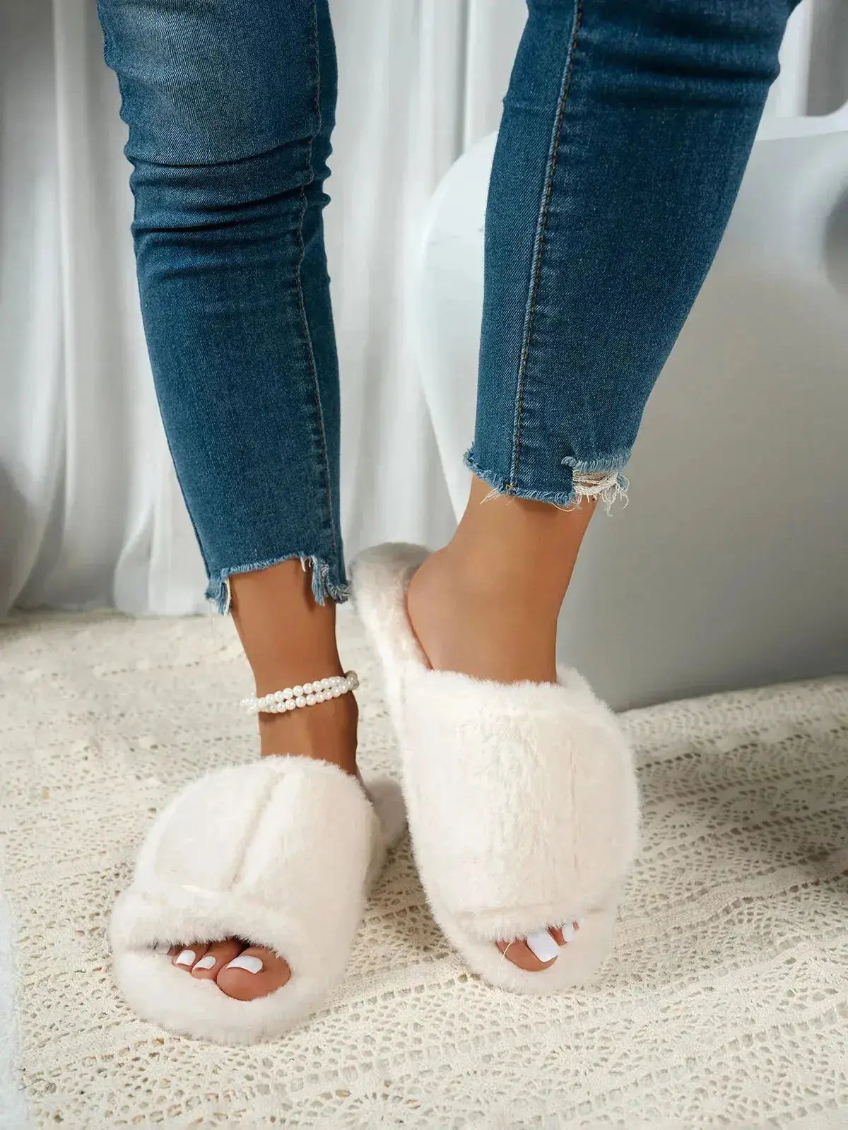 Plush Fashion Hub fuzzy open toe indoor slippers with rubber soles, soft plush material, perfect for cozy indoor wear.