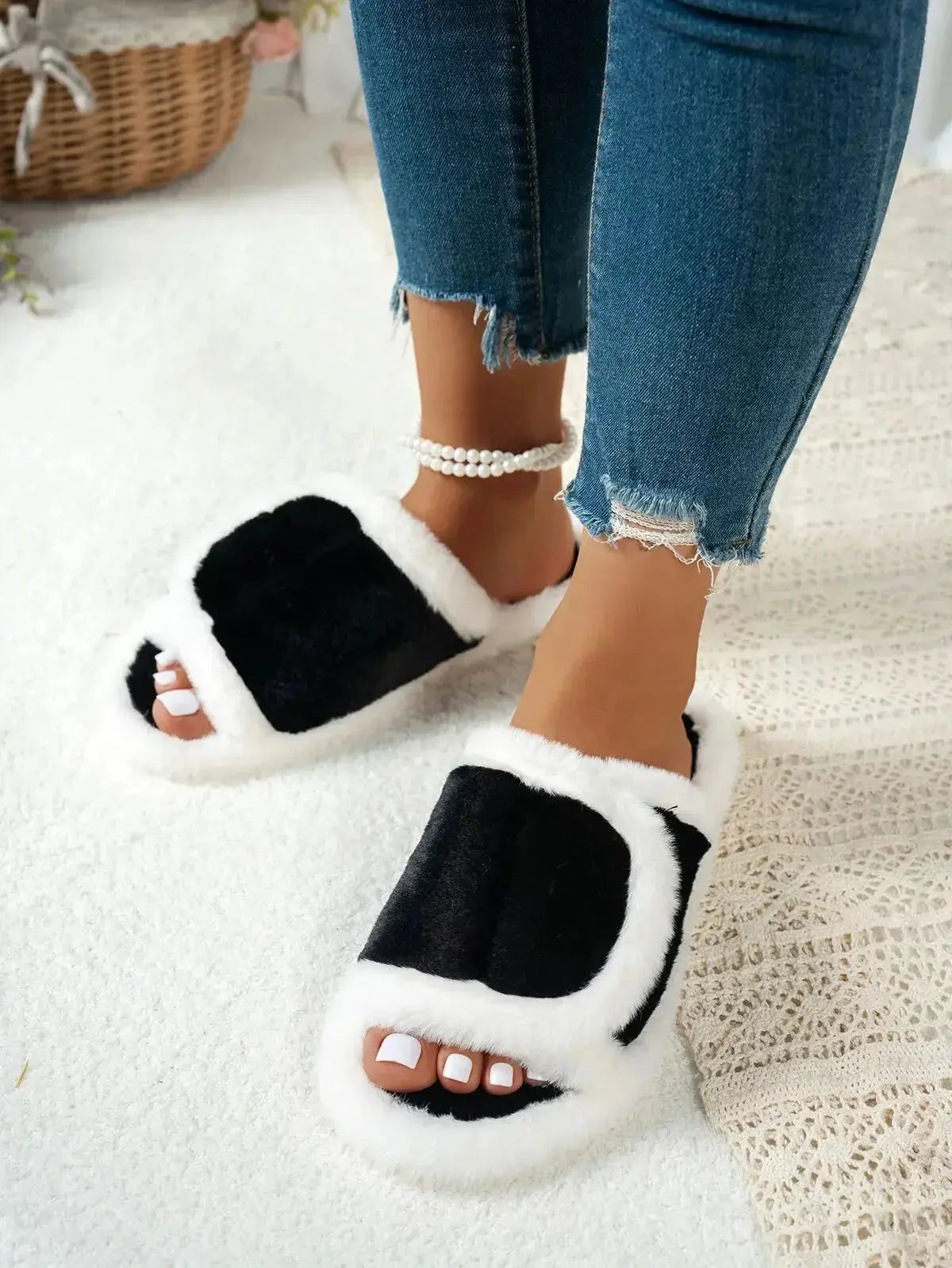 Fuzzy open-toe indoor slippers with rubber soles by Plush Fashion Hub, featuring plush material for cozy comfort.