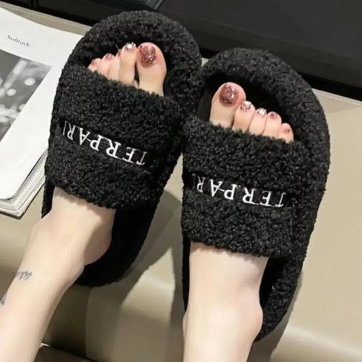 Plush Fashion Hub ultra soft fuzzy open toe faux fur slippers for women, showing cozy, plush texture and open-toe design.