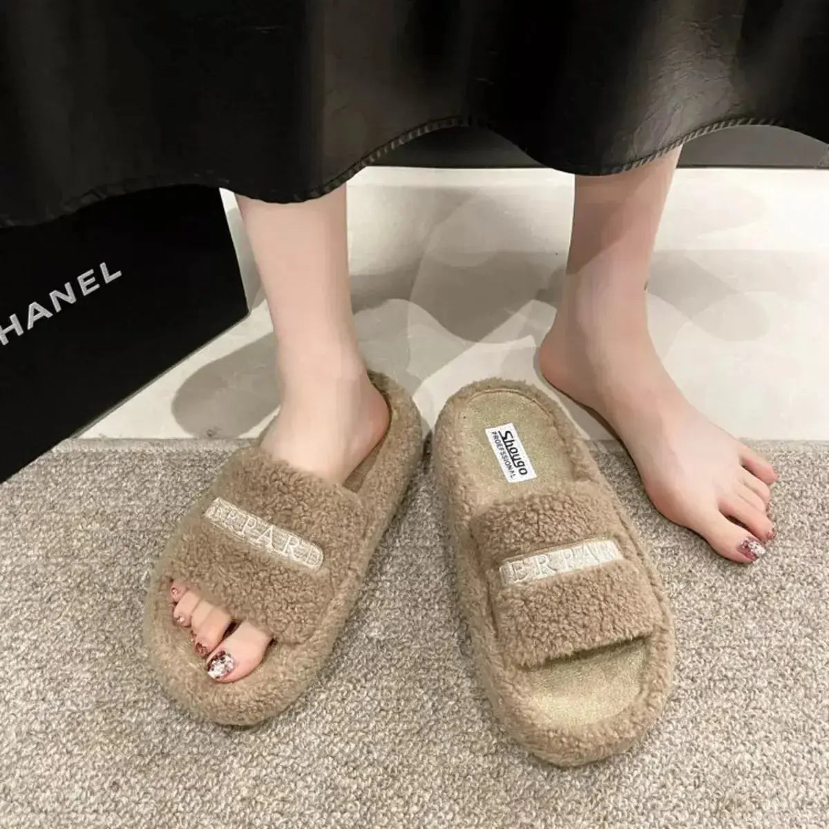 Plush Fashion Hub ultra soft fuzzy open toe faux fur slippers for women, featuring plush material and cozy design.