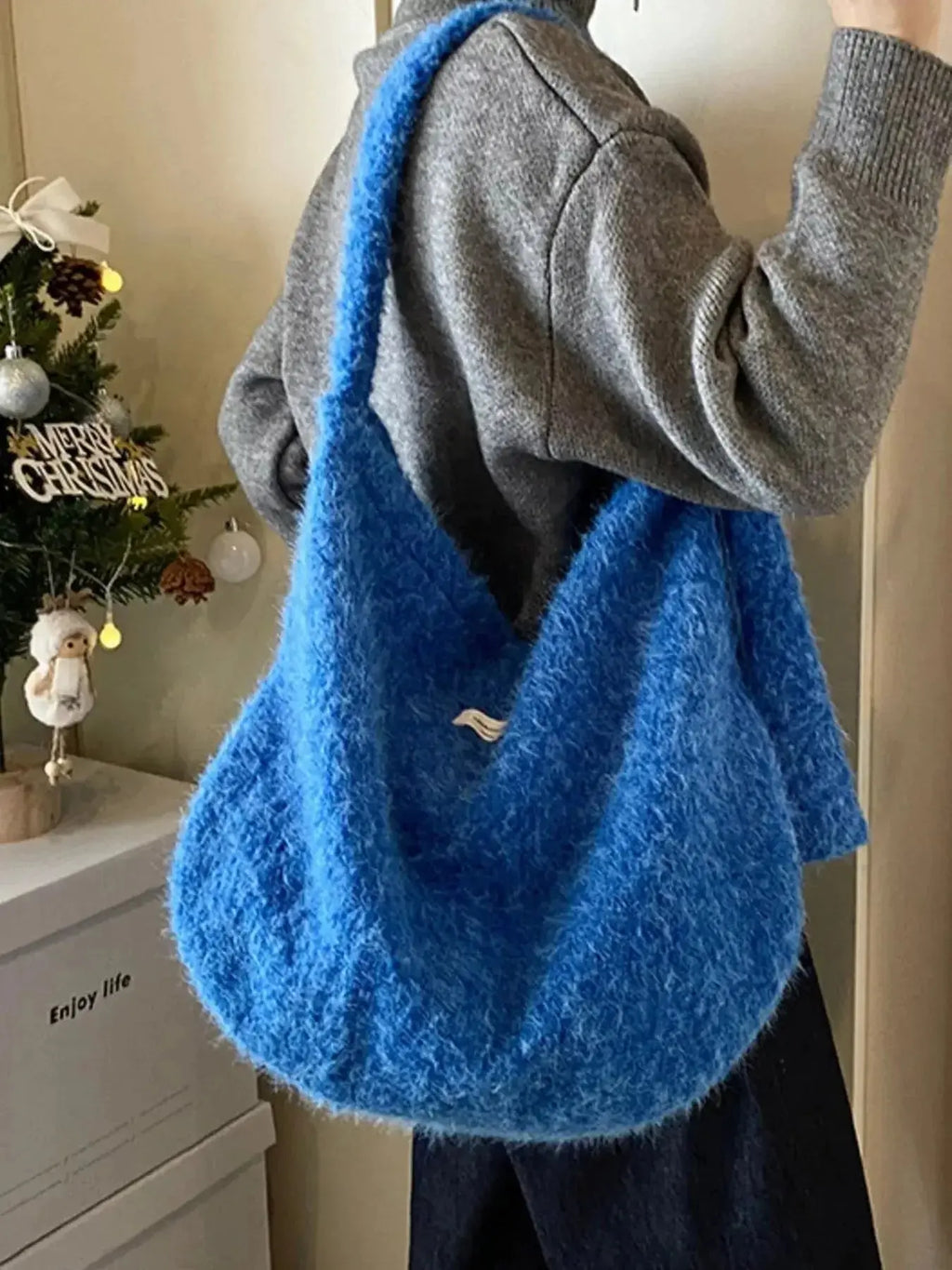Fuzzy solid color crossbody bag from Plush Fashion Hub with plush texture and simple design, perfect for casual outings.