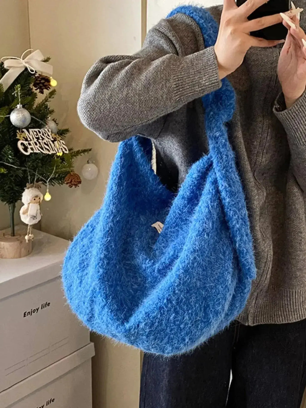 Soft fuzzy solid color crossbody bag by Plush Fashion Hub, featuring plush material and a sleek design for casual wear.