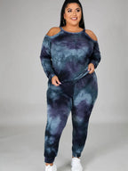 Plus size women's off-shoulder tie-dye casual suit, stylish plus size outfit with comfortable fit and vibrant pattern.