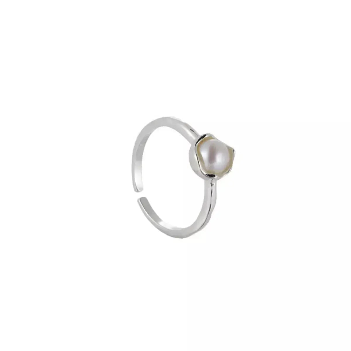 Sterling silver adjustable open ring with a genuine freshwater pearl, featuring a sleek, elegant design.