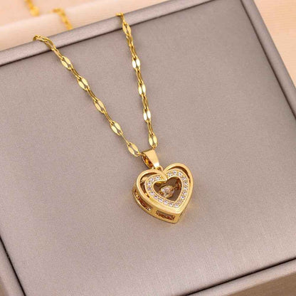 Heart-shaped gold chain necklace with double-layer pendant, titanium steel, stylish design.