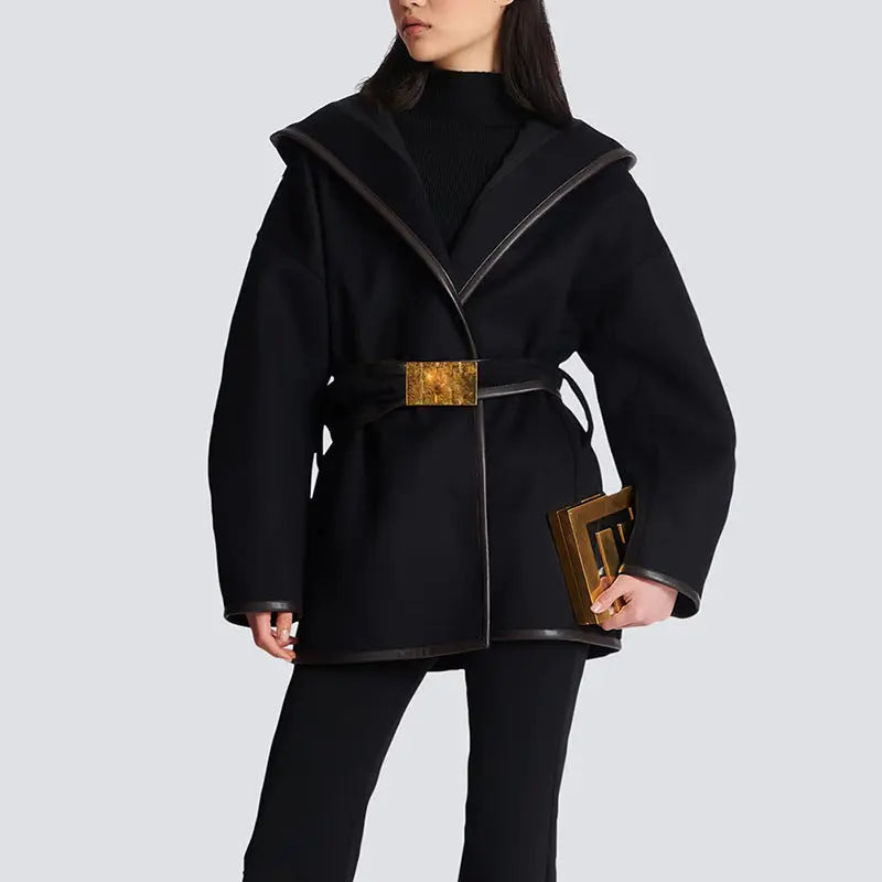 Goods Star Hooded Belt Batwing Sleeve Mid Length Woolen Jacket Coat Plush Fashion Hub