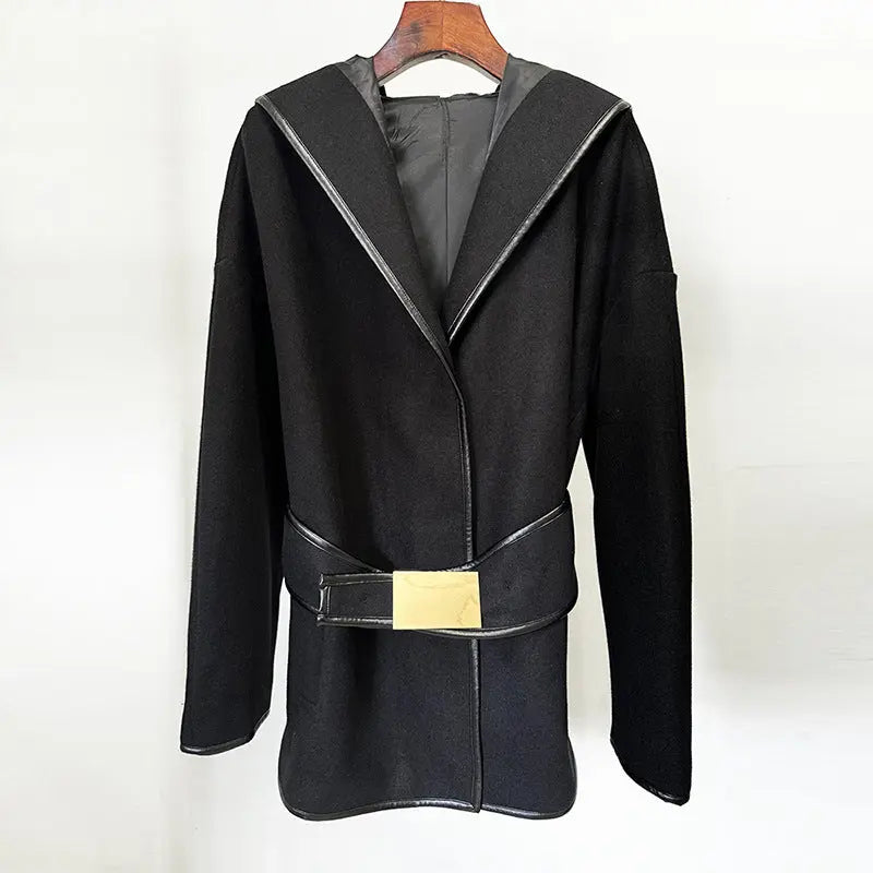 Goods Star Hooded Belt Batwing Sleeve Mid Length Woolen Jacket Coat Plush Fashion Hub