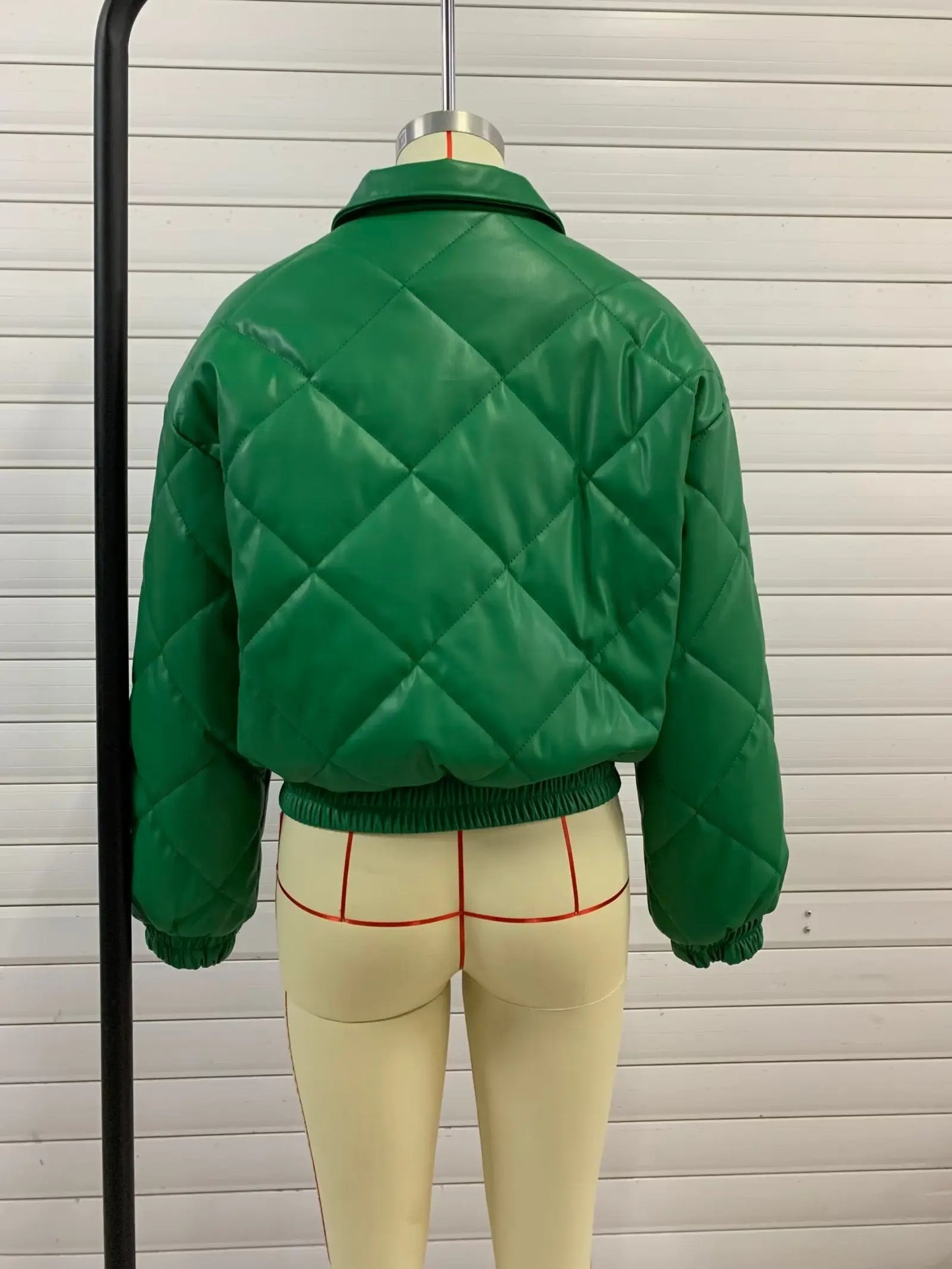 Green Faux Leather Cotton Padded Coat for Women Winter Polo Collar Plaid Cotton Coat Jacket Cardigan Perfecsy