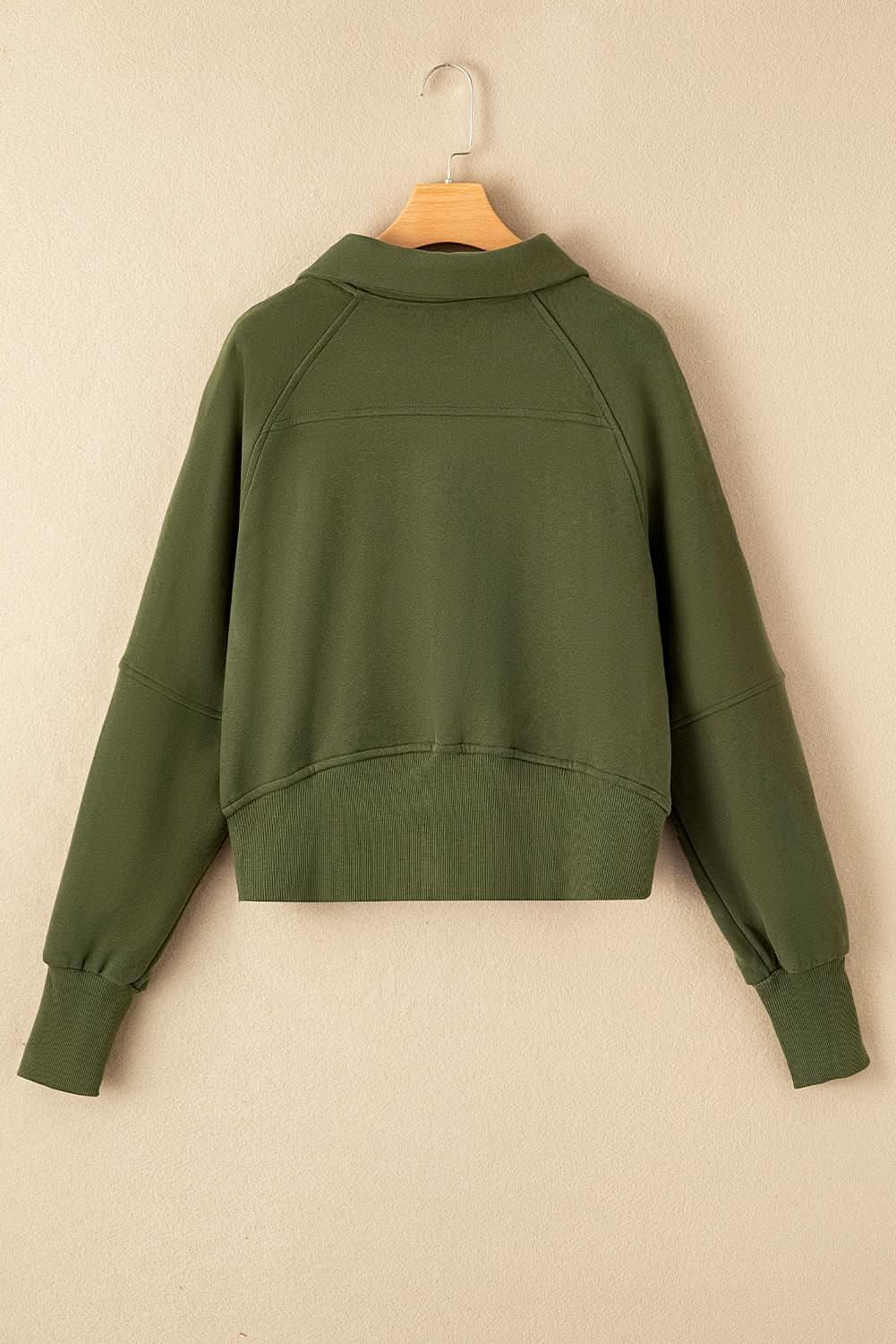 Women's green ribbed zip sweatshirt with stand collar and thumbhole sleeves, stylish plush fashion hub hoodie for casual wear