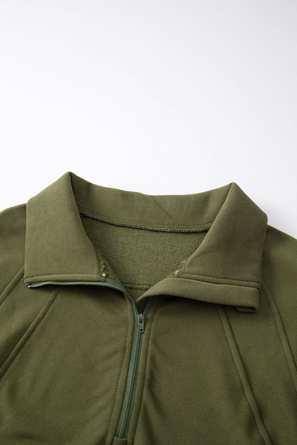 Green ribbed zip stand-collar sweatshirt for women with thumbhole sleeves by Plush Fashion Hub, casual and stylish.