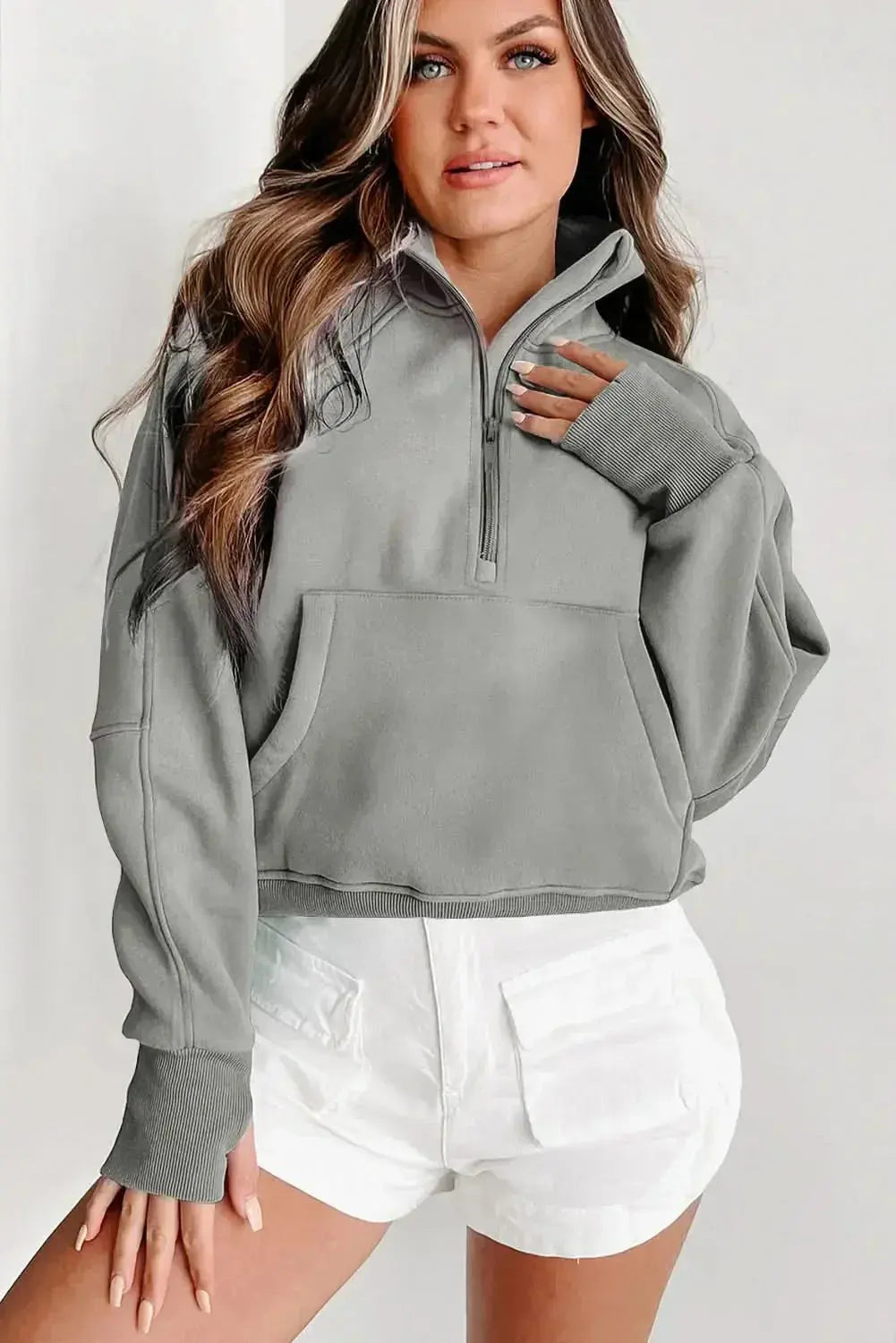 Green ribbed zip stand-collar sweatshirt for women with thumbhole sleeves by Plush Fashion Hub, casual and stylish.