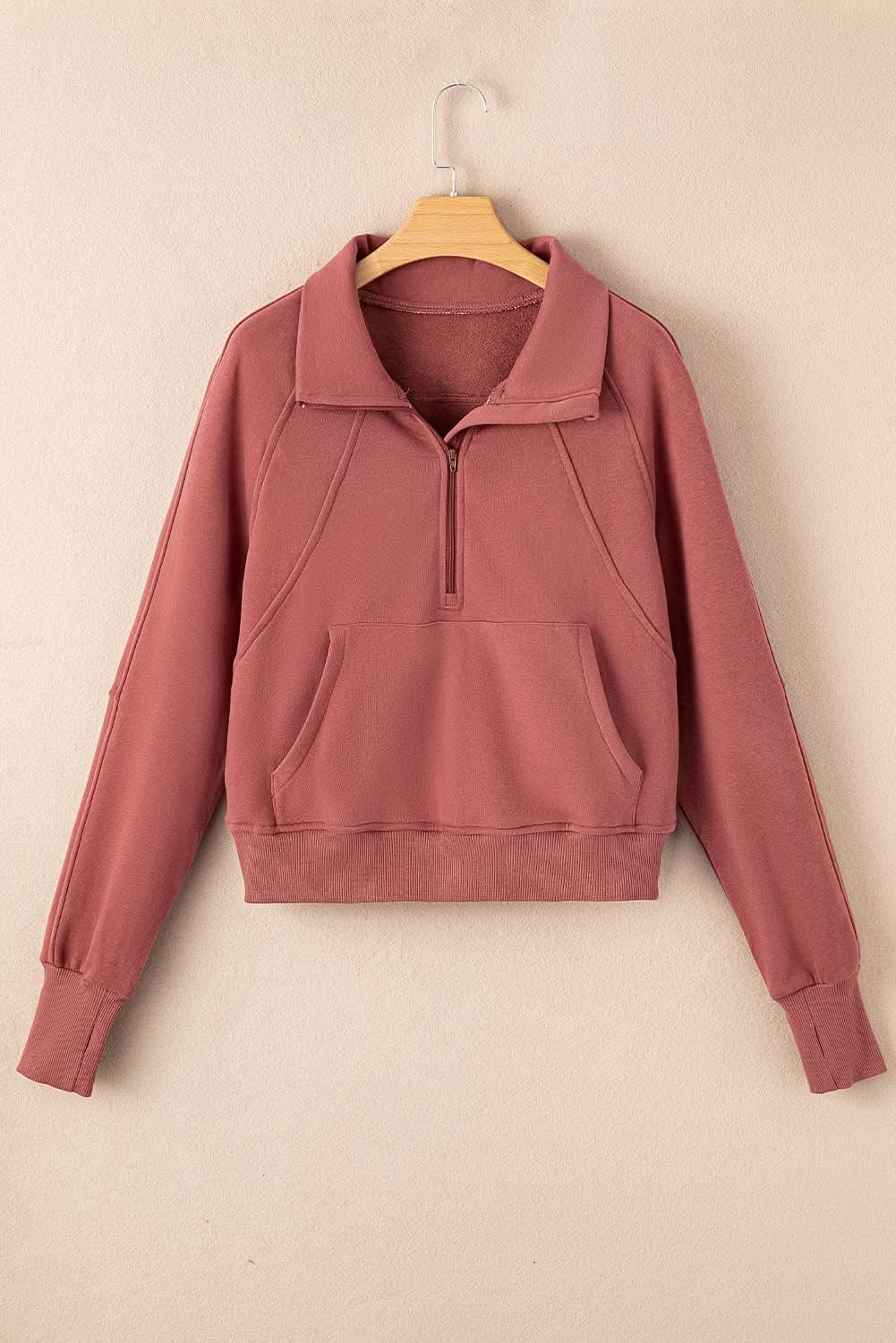 Women's green ribbed zip stand-collar sweatshirt with thumbhole sleeves from Plush Fashion Hub, casual and stylish for everyday wear.