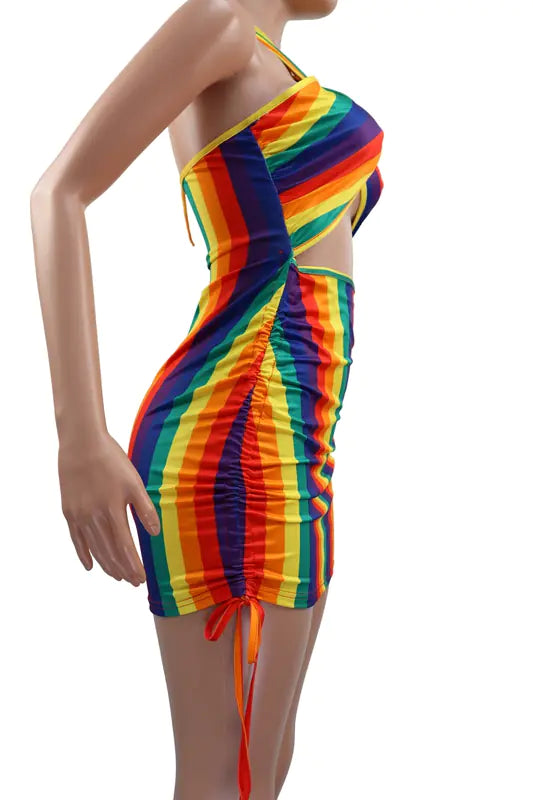Rainbow tie-dye halter bodycon mini dress for women with vibrant colors and fitted style, perfect for trendy summer outfits.