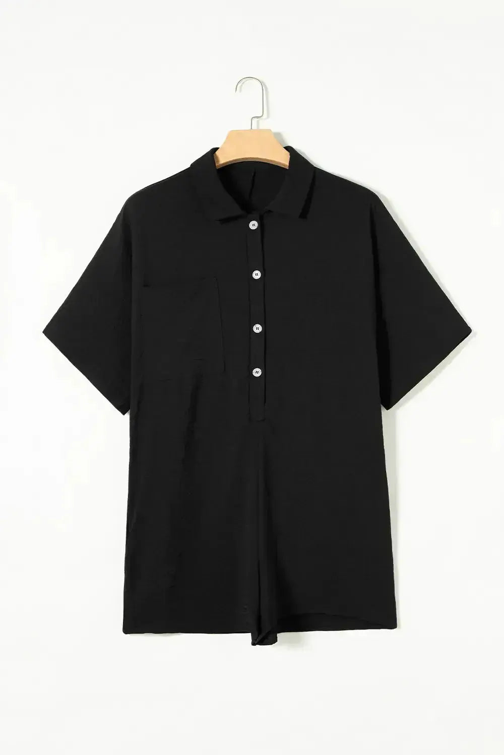 Lightweight women's half-button collared shirt dress romper by Plush Fashion Hub, featuring a relaxed fit and stylish collar detail.