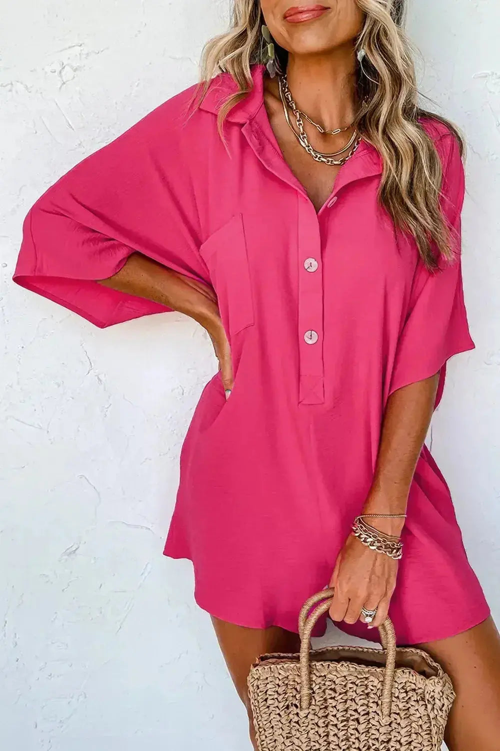 Women's lightweight collared shirt dress romper with half-button front, made by Plush Fashion Hub.