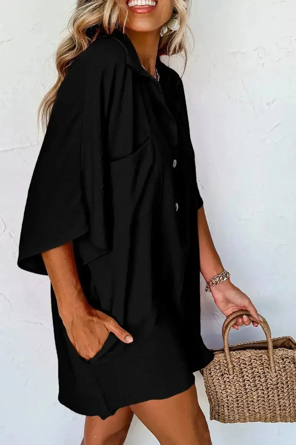 Women’s lightweight collared shirt romper with half-button front, short sleeves, and relaxed fit by Plush Fashion Hub.