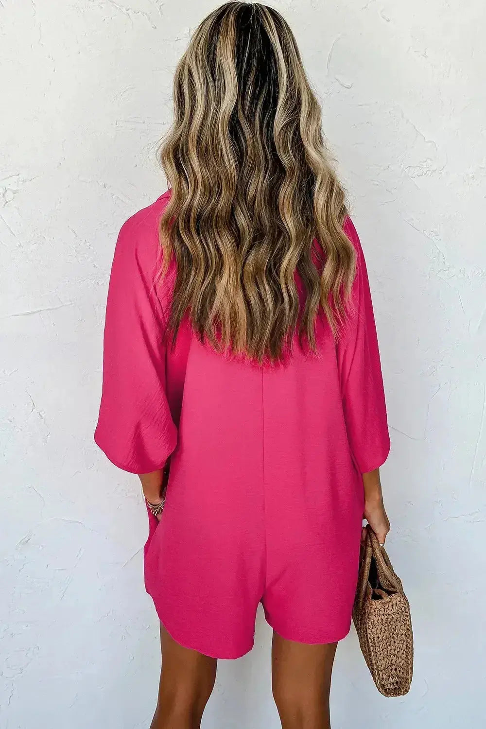 Women's lightweight half-button collared shirt romper with a casual shirt dress style, featuring a relaxed fit and short sleeves.
