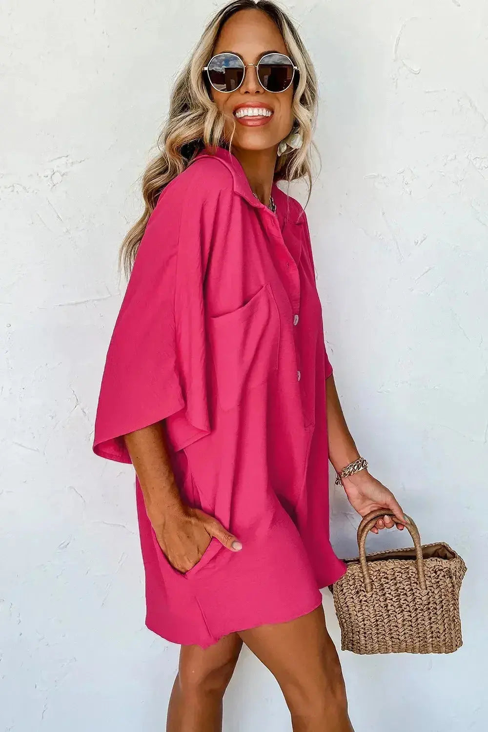Women's lightweight half-button collared shirt dress romper by Plush Fashion Hub, featuring a casual, stylish design with a collar and button details.