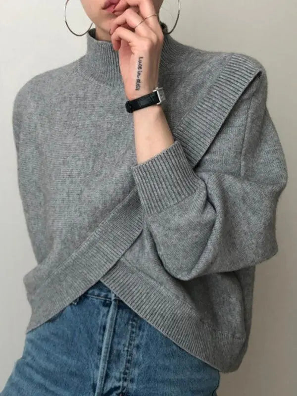 Half Turtleneck Cross Irregular Loose Pullover Sweater Plush Fashion Hub