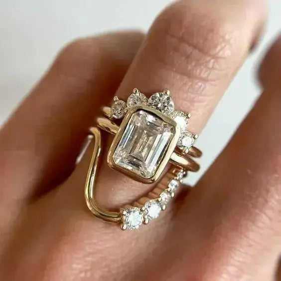 Gold-tone industrial zircon statement ring for women with a bold, classical design, featuring inlaid sparkling zircon stones.