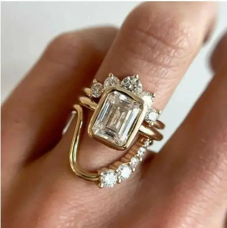 Gold-tone industrial zircon statement ring for women featuring a bold, classical design with intricate inlay work.