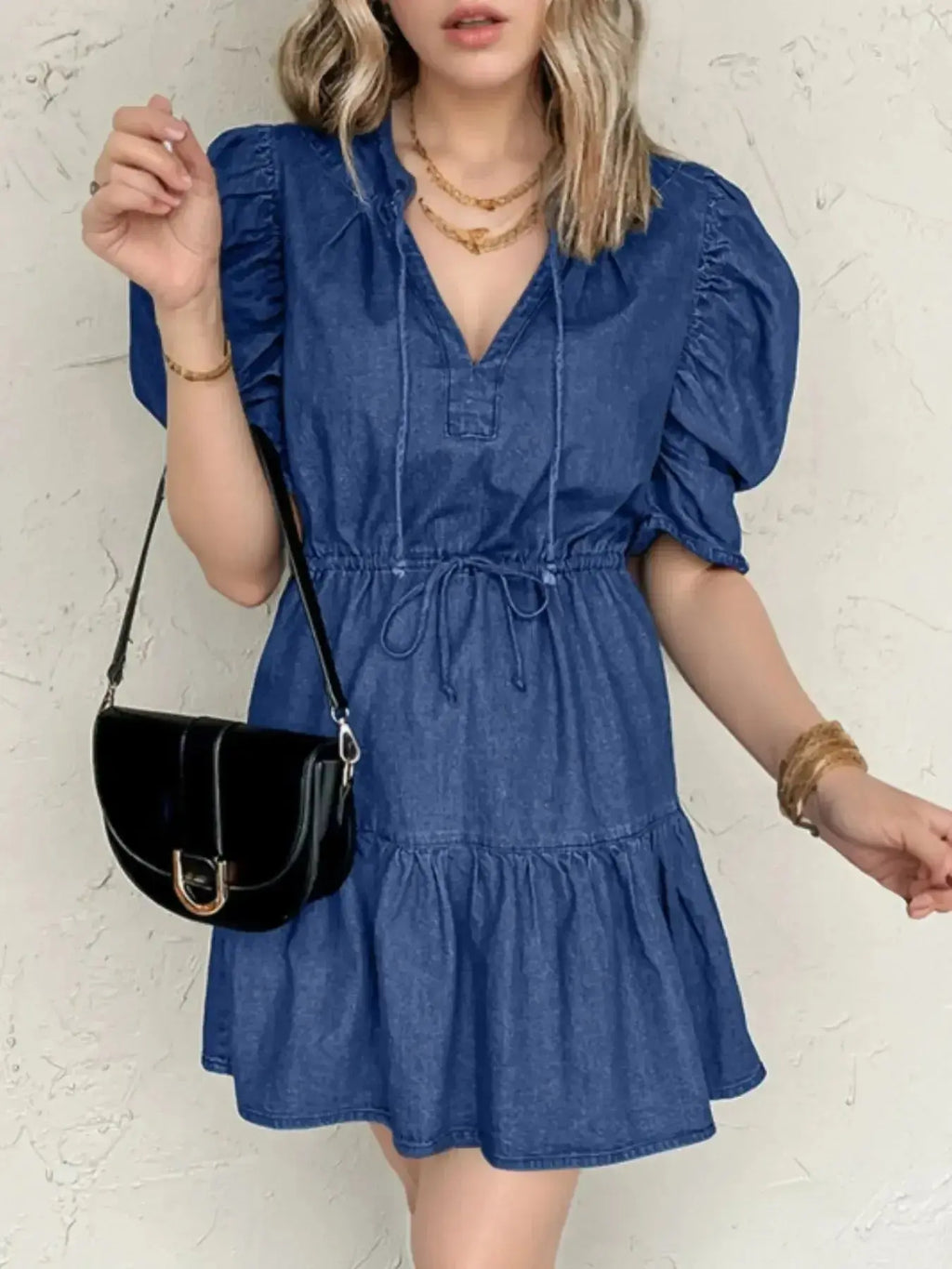 High-waist puff sleeve denim mini dress by Trendsi, casual summer dress made of soft cotton blend, perfect for warm weather.