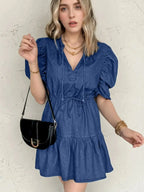 High-waist puff sleeve denim mini dress by Trendsi, casual summer dress made of soft cotton blend with stylish puff sleeves.