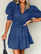 High-waist puff sleeve denim mini dress by Trendsi, made of soft cotton blend, perfect for casual summer wear.