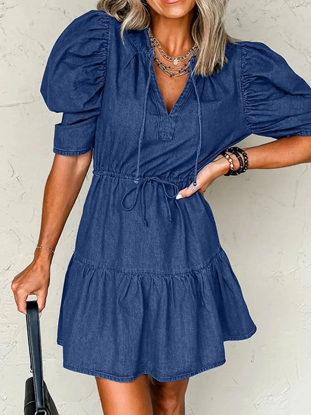 Plush Fashion Hub high-waist puff sleeve denim mini dress made of soft cotton blend, perfect for casual summer wear.